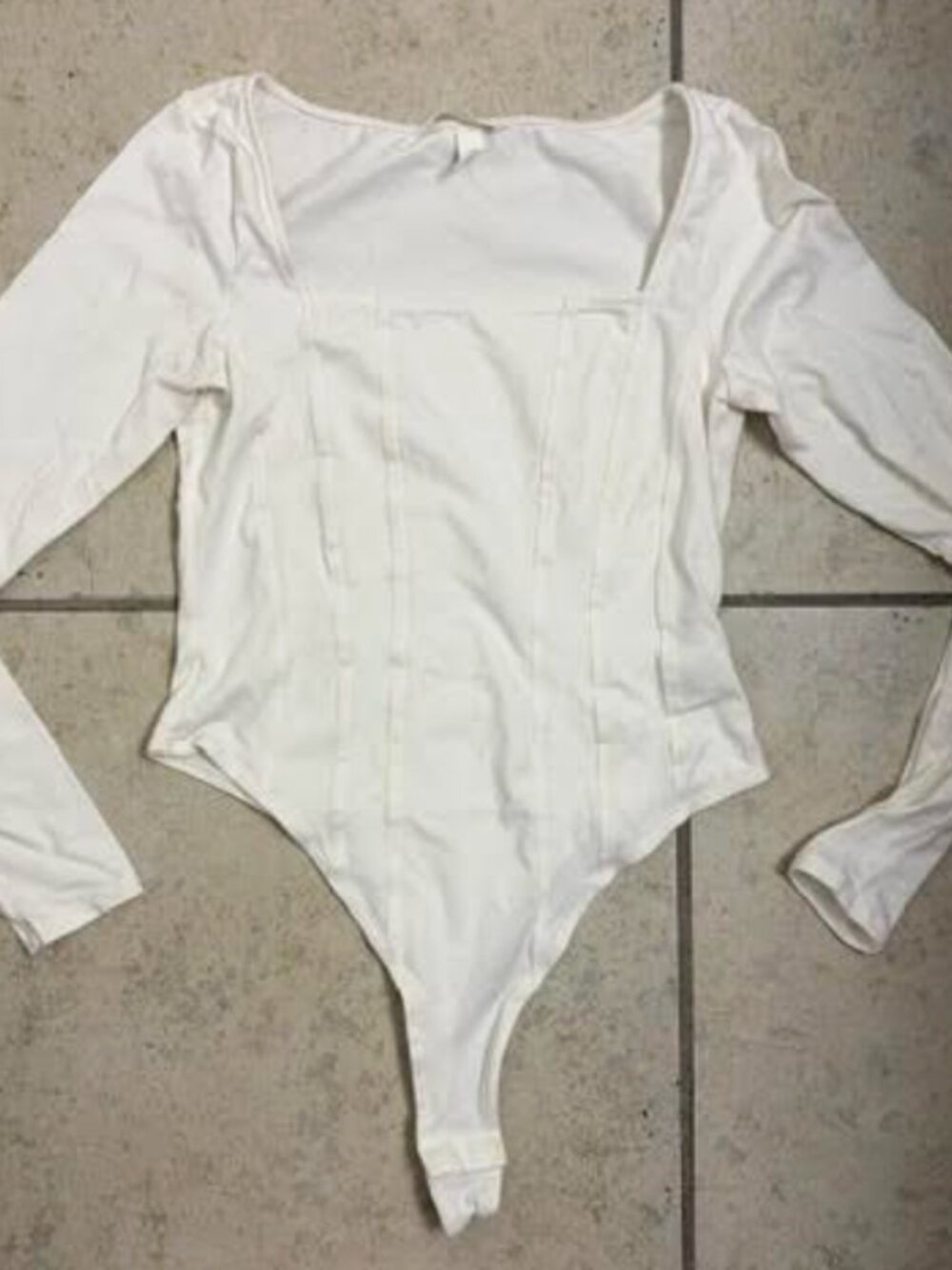 H&M Women s Bodysuit Small Long Sleeved Square Neck Thong Cream Off-White Ivory